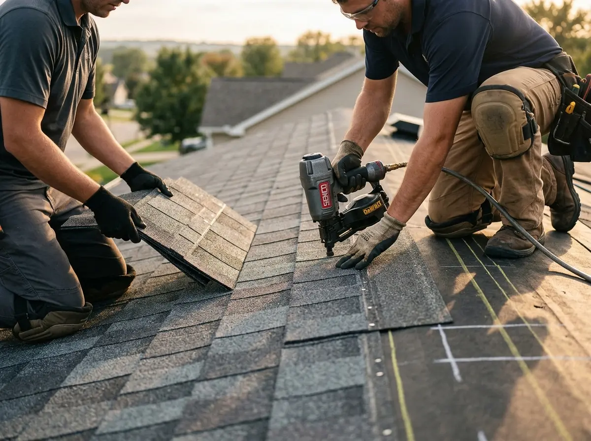 Professional roofer working on a residential roof in Progress Village
